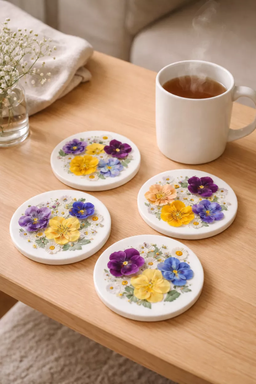 A realistic photo of four circular white ceramic coasters decorated with colorful pressed pansies and daisies, arranged on a light wood coffee table next to a steaming white mug.
