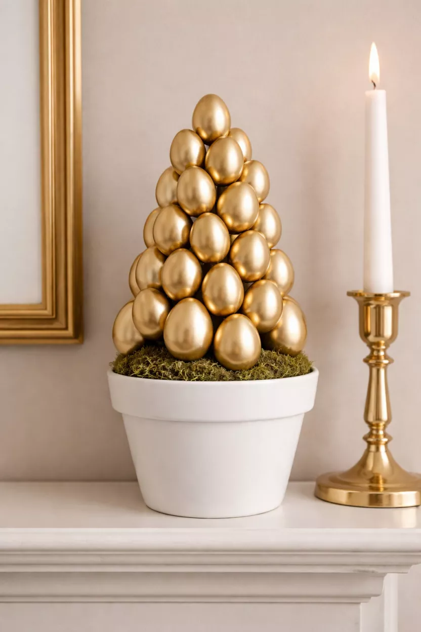 A realistic photo of a small topiary made of shiny gold metallic eggs stacked in a cone shape, sitting in a white ceramic flower pot on a mantelpiece next to a gold candle holder.