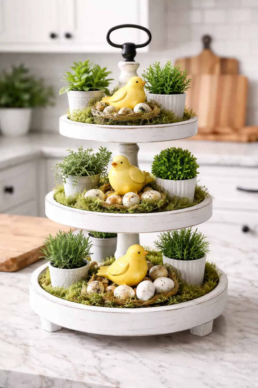 A realistic photo of a three tiered white wooden tray filled with small green plants, yellow ceramic birds, and tiny speckled eggs, sitting on a kitchen island with a wooden cutting board in the background.