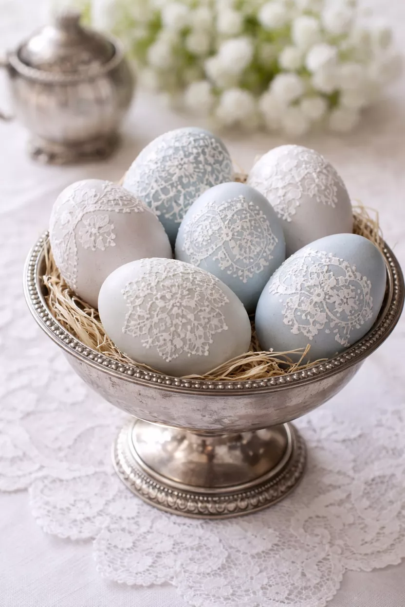 A realistic photo of several eggs dyed in soft light gray and pale blue with intricate white lace patterns, sitting in a vintage silver egg cup on a white lace tablecloth.