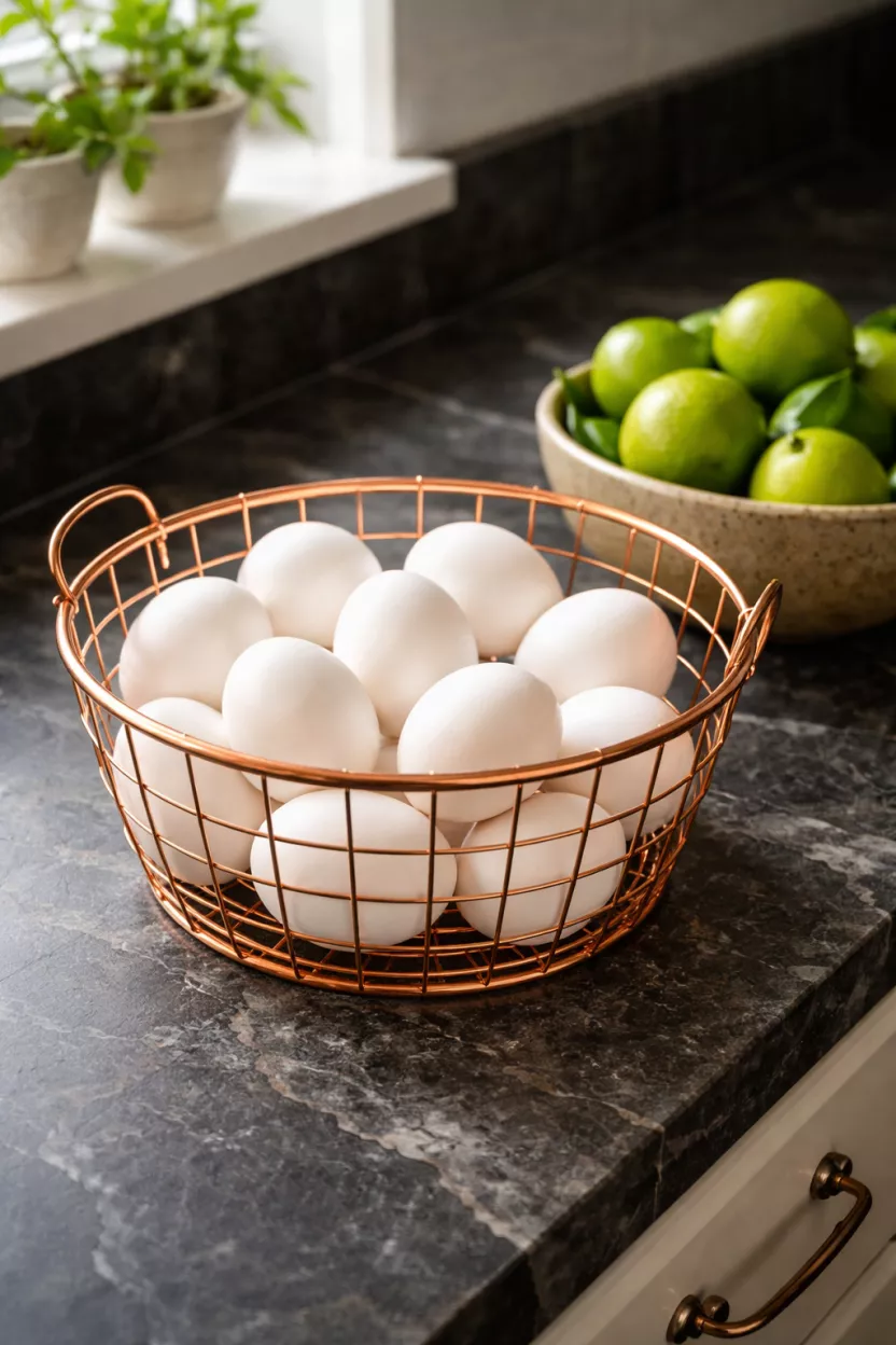 A realistic photo of a shiny copper wire basket filled with white porcelain eggs, sitting on a dark soapstone kitchen counter next to a bowl of fresh green lemons.