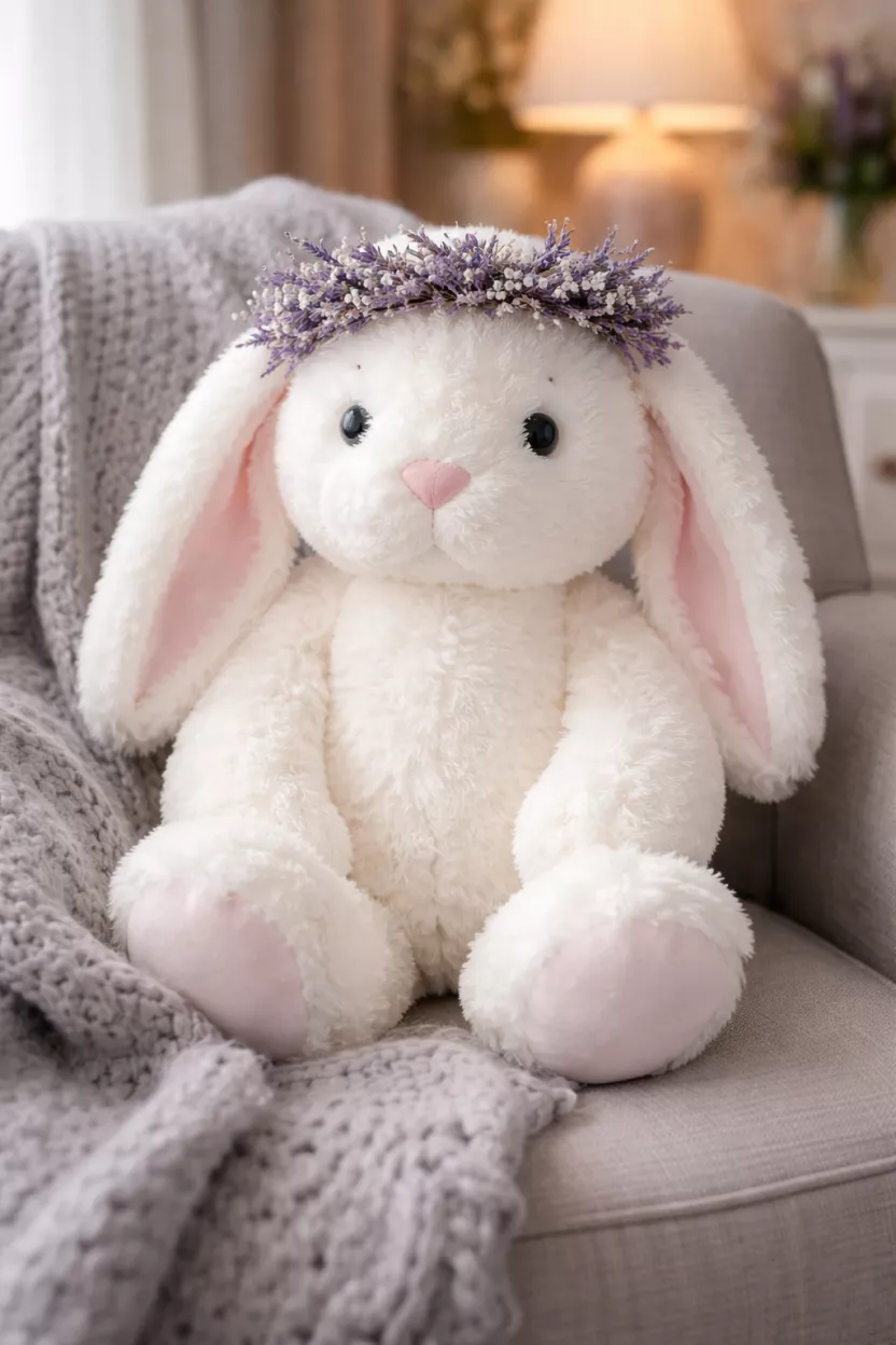 A realistic photo of a large stuffed white rabbit toy wearing a delicate purple dried lavender floral crown, sitting on a cozy gray armchair with a knitted throw blanket.