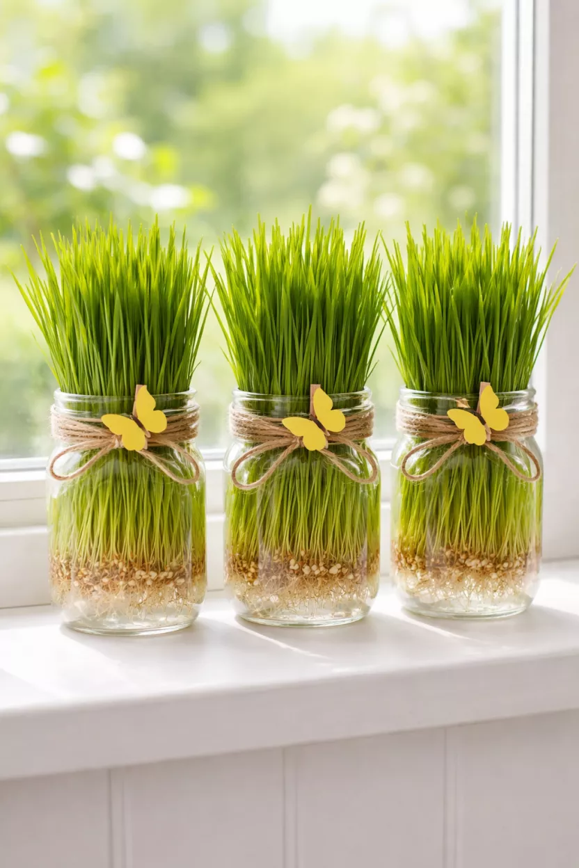 A realistic photo of three clear glass mason jars filled with bright green wheatgrass standing in a row on a white windowsill, decorated with simple twine bows and small yellow paper butterfly clips.