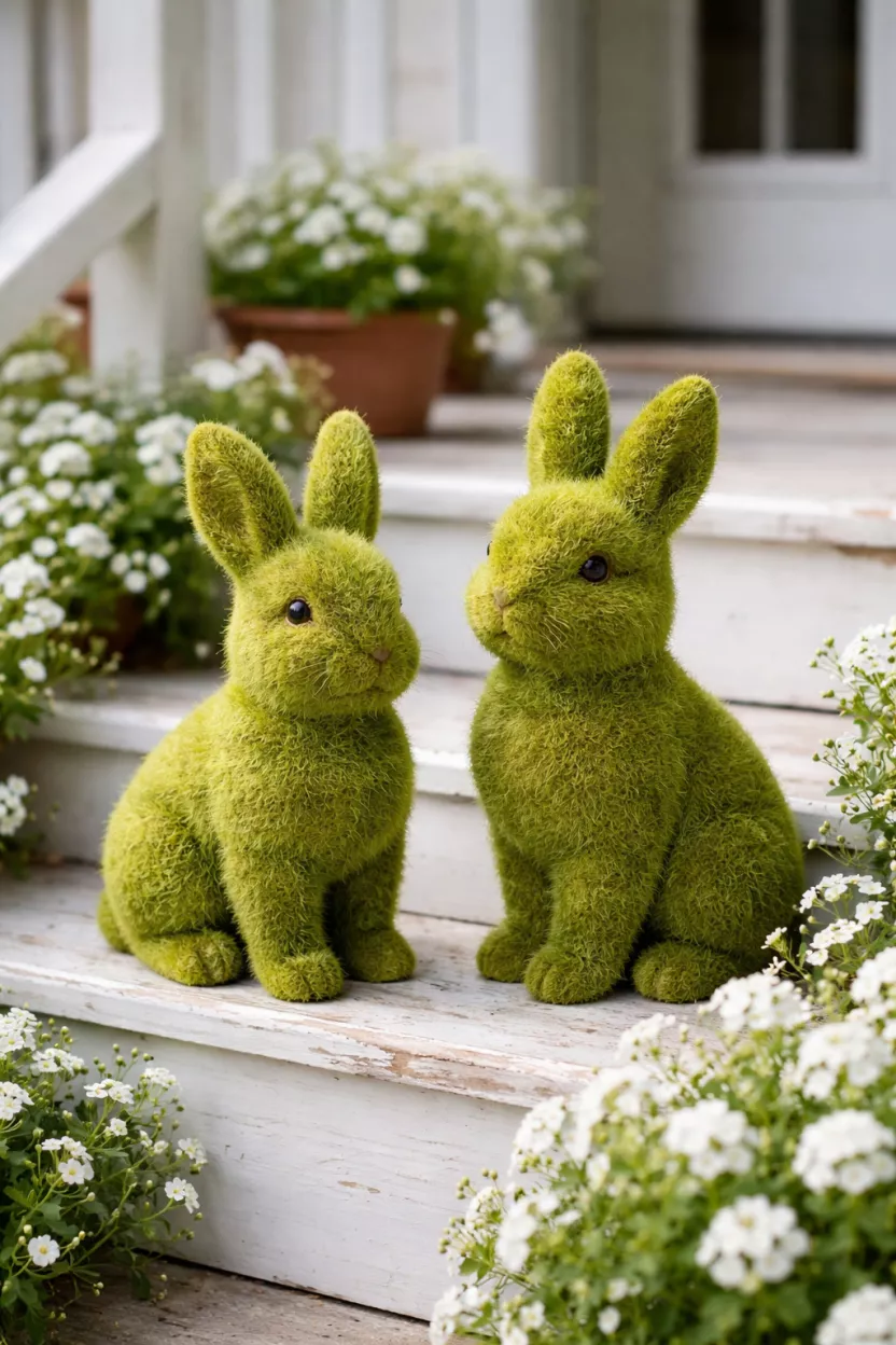 A realistic photo of two medium sized rabbit figures covered in fuzzy green faux moss, standing on a white wooden porch steps surrounded by small white blooming flowers.