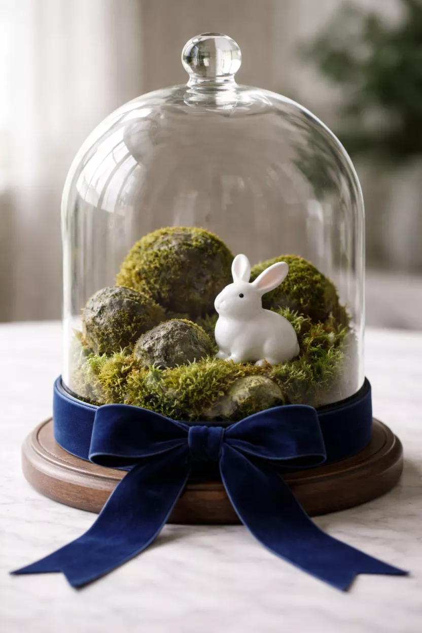 A realistic photo of a large glass cloche dome covering a group of mossy rocks and a single white ceramic bunny, with a wide navy blue velvet ribbon tied around the base.