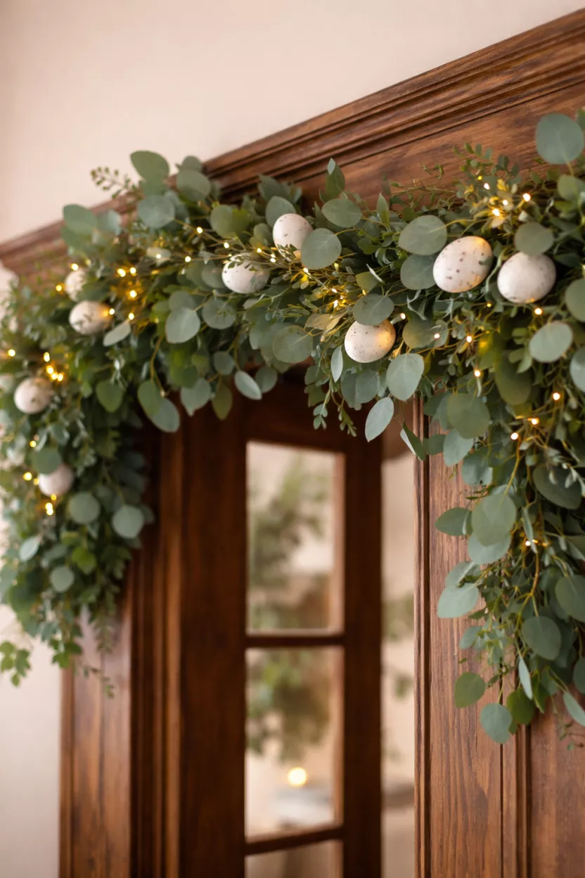 A realistic photo of a thick green eucalyptus leaf garland draped over a wooden doorway, featuring small speckled white eggs and tiny white battery powered fairy lights.