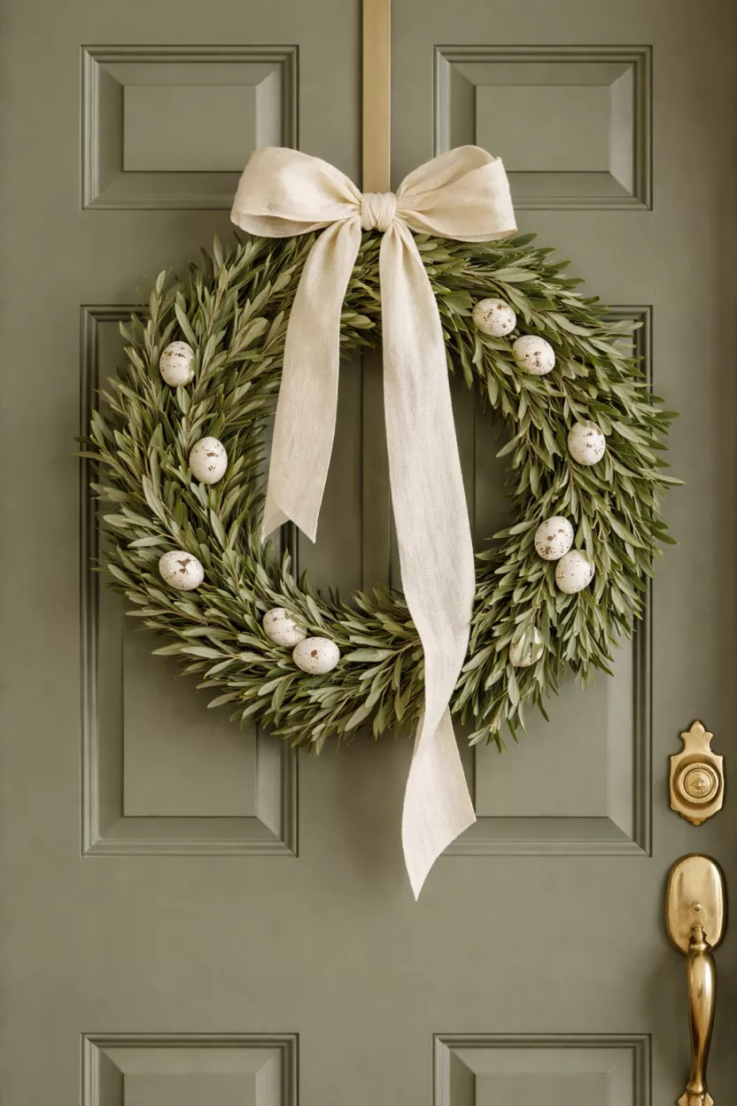 A realistic photo of a front door featuring a simple olive leaf wreath with several small white speckled eggs tucked into the foliage and a long cream linen ribbon.