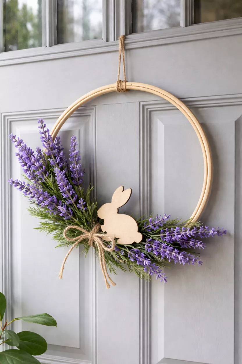 A realistic photo of a front door featuring a light wood embroidery hoop wreath with several sprigs of purple lavender and a small wooden rabbit cutout.