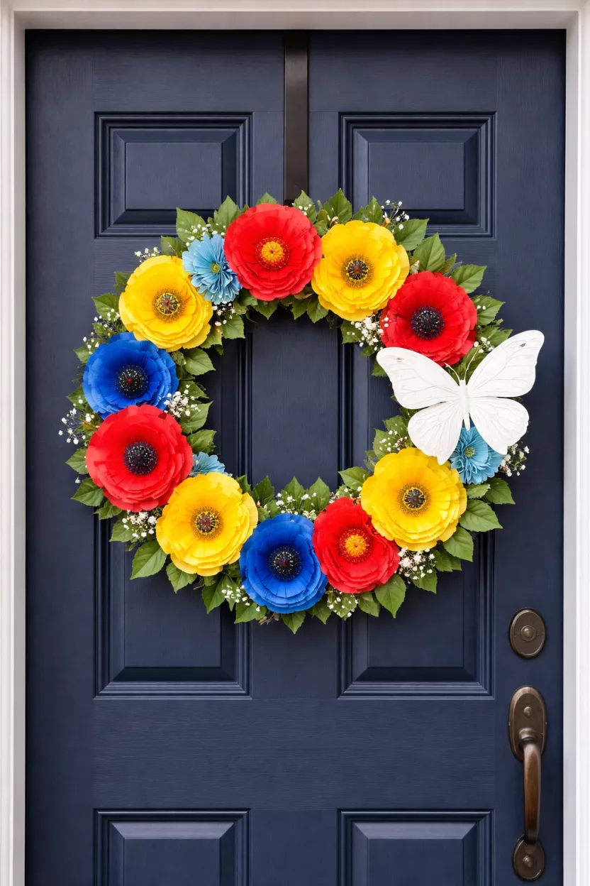 A realistic photo of a front door with a wreath made of vibrant paper flowers in red, yellow, and blue with a large white paper butterfly on one side.