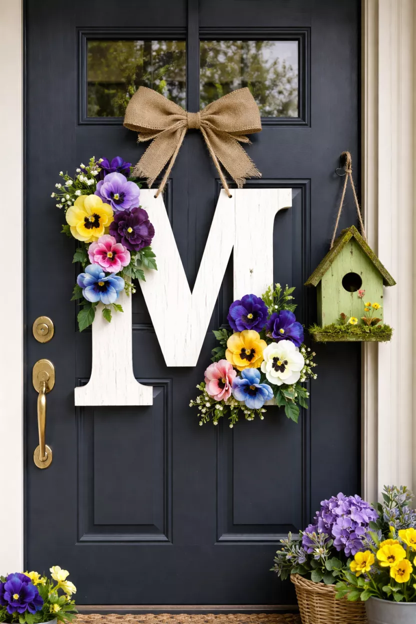 A realistic photo of a front door with a large white wooden letter M decorated with colorful silk pansies and a small green birdhouse on the side.