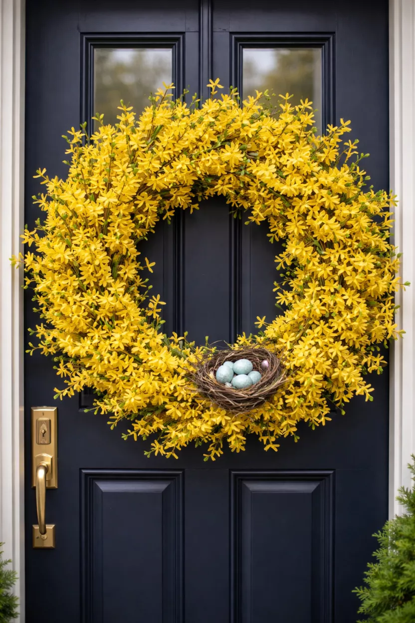 A realistic photo of a front door showcasing a thick wreath made entirely of yellow forsythia branches with a small decorative bird nest containing tiny blue eggs nestled at the bottom.