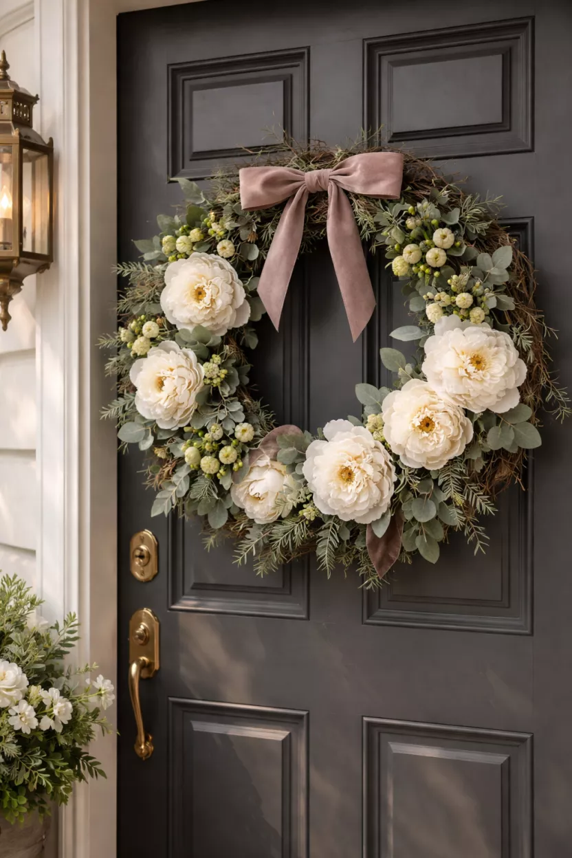 A realistic photo of a front door with a grapevine wreath covered in large cream peonies, green berries, and a dusty rose velvet ribbon.