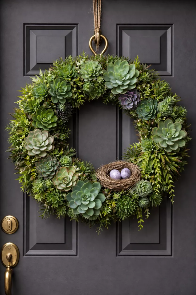 A realistic photo of a front door featuring a wreath of various green artificial succulents and a small nest containing two tiny purple eggs.