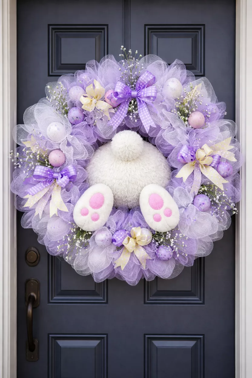 A realistic photo of a front door featuring a large deco mesh wreath in white and lavender with a plush bunny butt and feet sticking out from the middle.