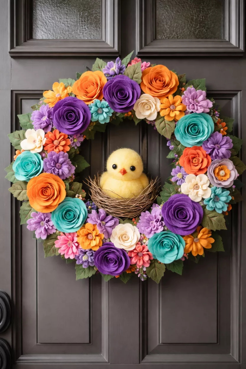 A realistic photo of a front door with a wreath covered in handmade felt flowers in shades of purple, orange, and teal with a small yellow felt chick in the center.