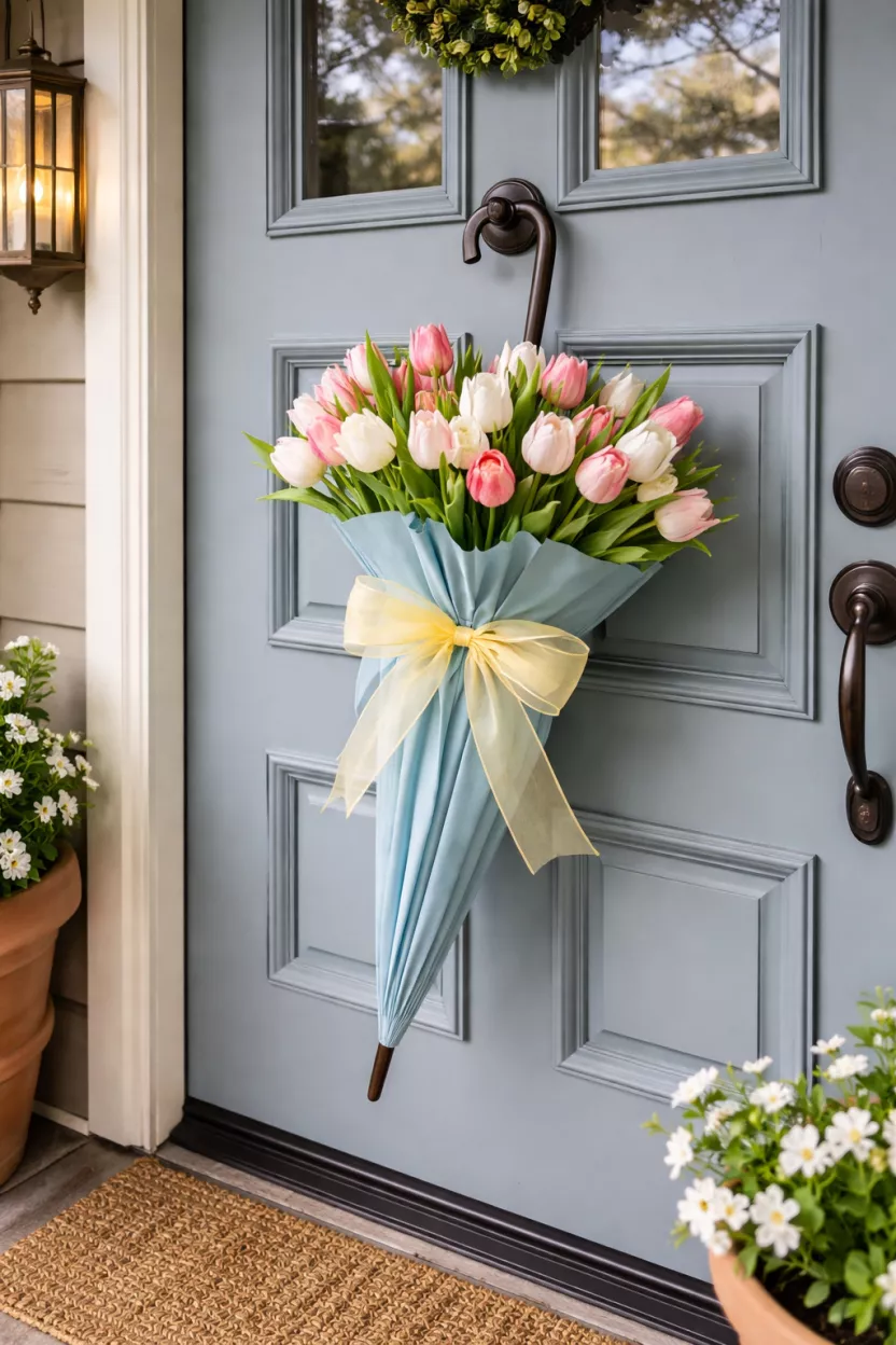A realistic photo of a front door with a light blue vintage umbrella hanging by its handle, filled with bundles of pink and white tulips and a sheer yellow ribbon.
