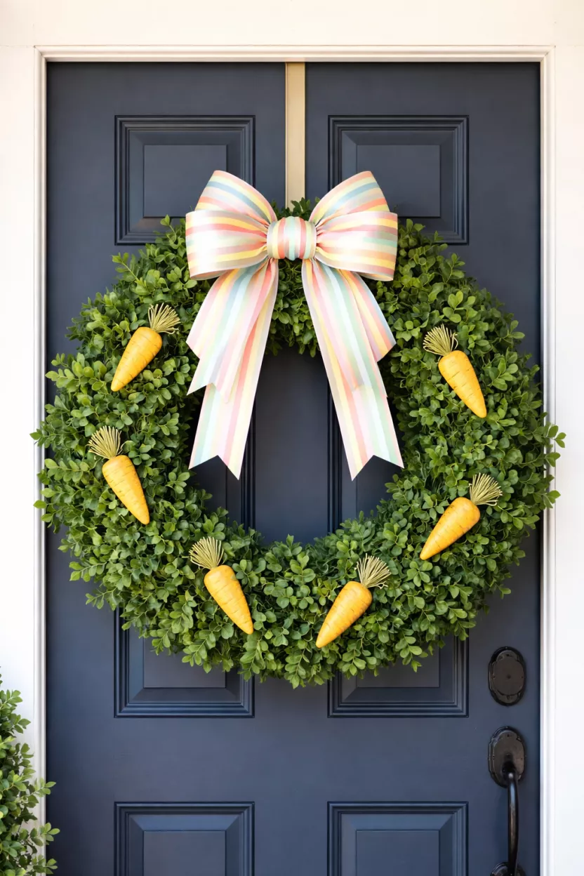 A realistic photo of a front door with a lush green boxwood wreath accented by a multi-layered pastel striped ribbon and several small yellow wooden carrots.