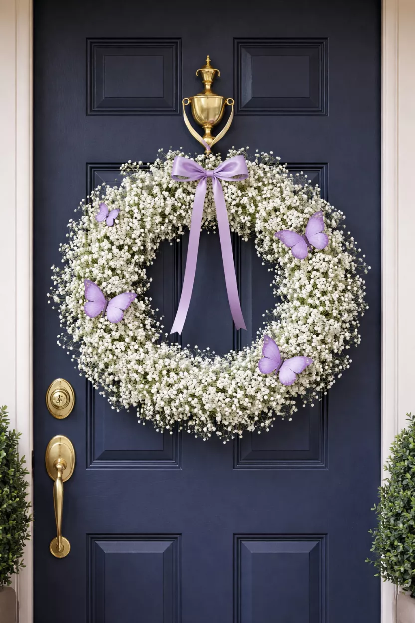 A realistic photo of a front door with a delicate white baby breath wreath decorated with a few purple silk butterflies and a thin lavender satin bow.