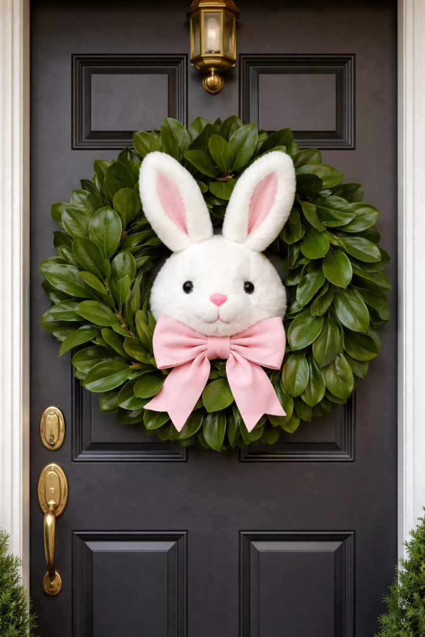 A realistic photo of a front door with a wreath made of waxy green magnolia leaves and a large white plush bunny head in the middle with a pink bow.