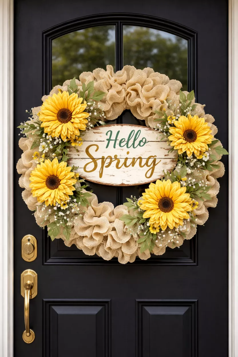 A realistic photo of a front door featuring a wreath made of ruffled cream burlap with several large yellow fabric flowers and a wooden sign that says Hello Spring.