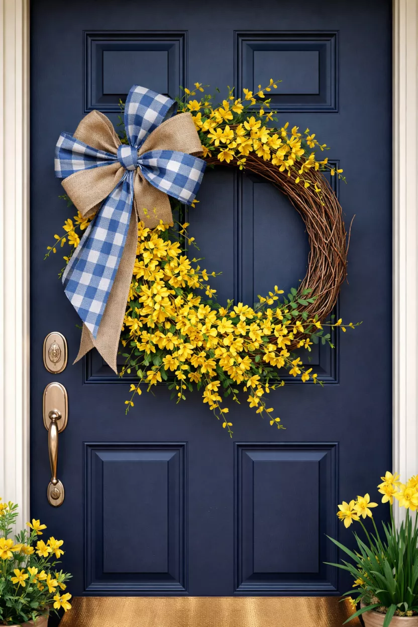 A realistic photo of a front door with a grapevine wreath partially covered in yellow forsythia flowers and a large blue and white burlap bow.