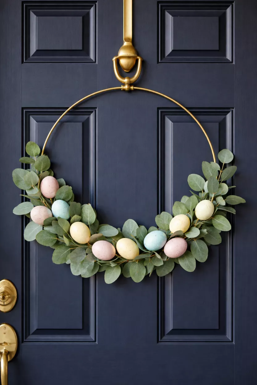 A realistic photo of a front door showcasing a gold hoop wreath with green eucalyptus leaves and several small pastel colored eggs wired to the frame.