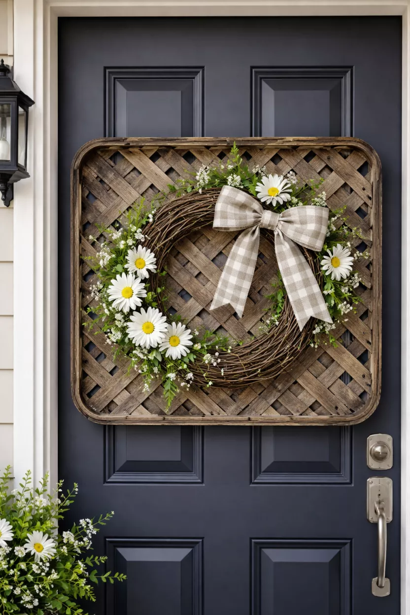 A realistic photo of a front door with a flat square tobacco basket holding a small grapevine wreath inside it, decorated with white daisies and a plaid bow.