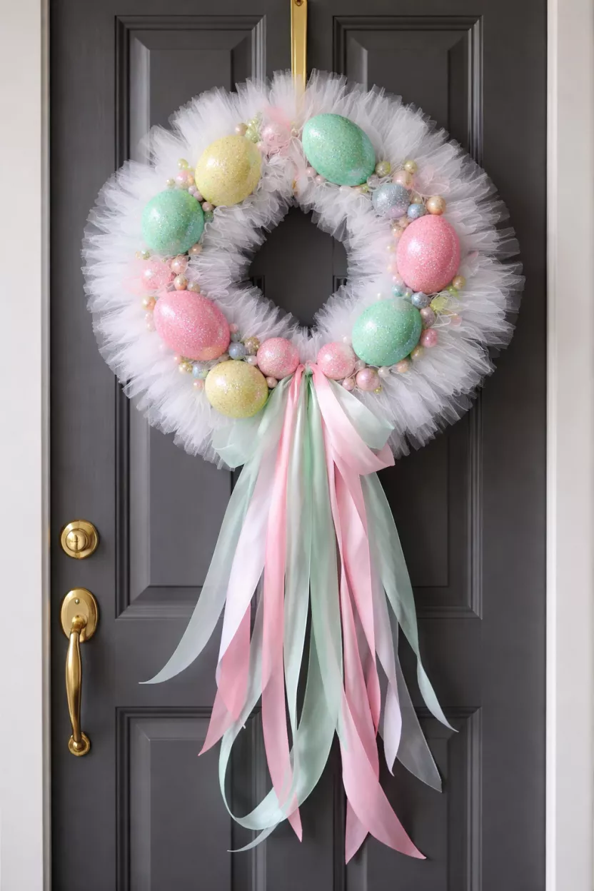 A realistic photo of a front door with a wreath made of white tulle and long flowing pink and mint green ribbons, decorated with several large glittery Easter eggs.