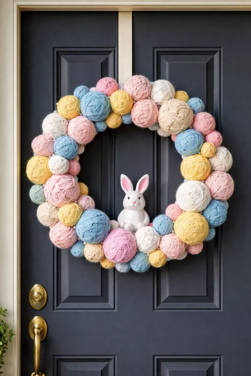 A realistic photo of a front door with a wreath made of various sized yarn balls in pink, blue, and yellow with a small white ceramic bunny sitting on the inner rim.