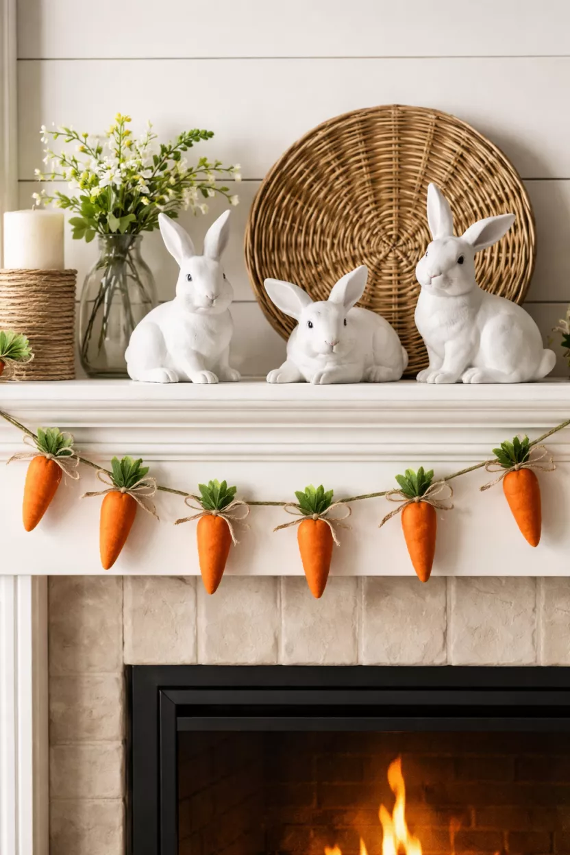 A realistic photo of a fireplace mantel featuring a whimsical garland of small orange fabric carrots and green twine hanging across the front behind three white ceramic rabbits.
