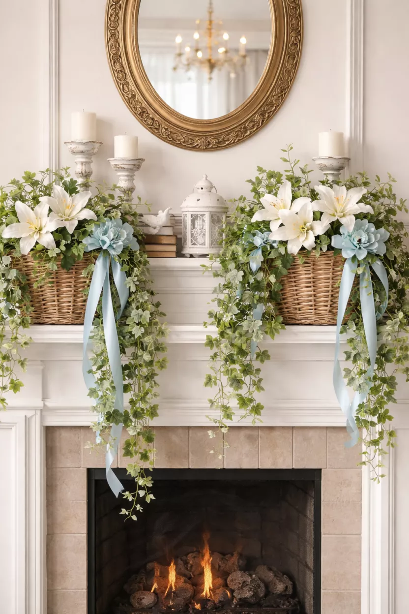 A realistic photo of a fireplace mantel with two medium woven willow baskets on either end spilling over with faux ivy and white lilies mixed with pale blue ribbon.