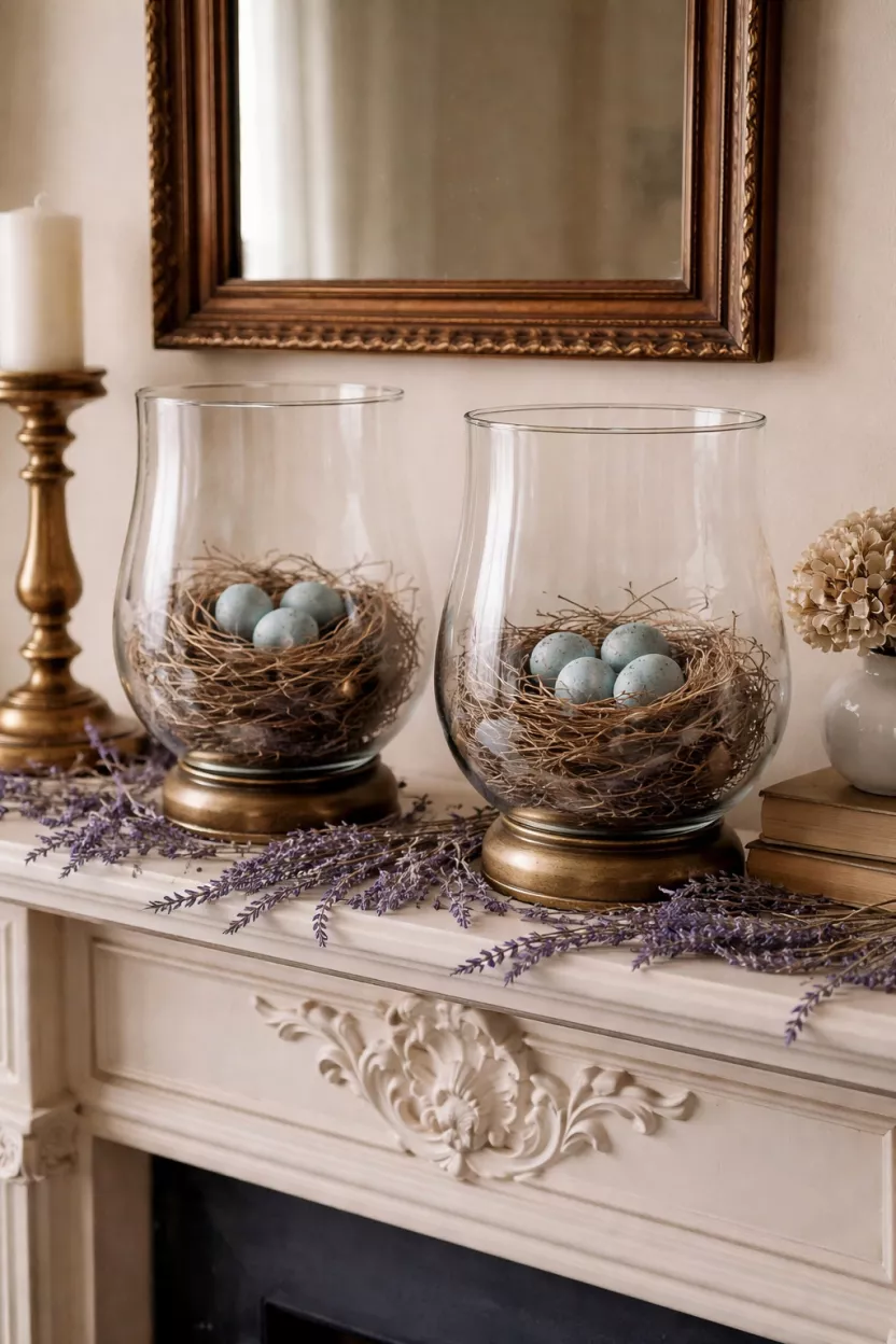 A realistic photo of a fireplace mantel with two large glass hurricane lamps containing bird nests made of twigs and blue speckled eggs surrounded by loose dried lavender stems.