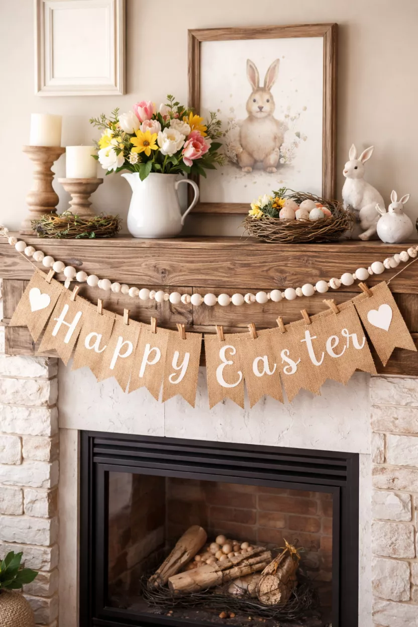 A realistic photo of a fireplace mantel with a rustic burlap banner reading 'Happy Easter' in white cursive letters pinned to the edge with small wooden clothespins and a wood bead garland.