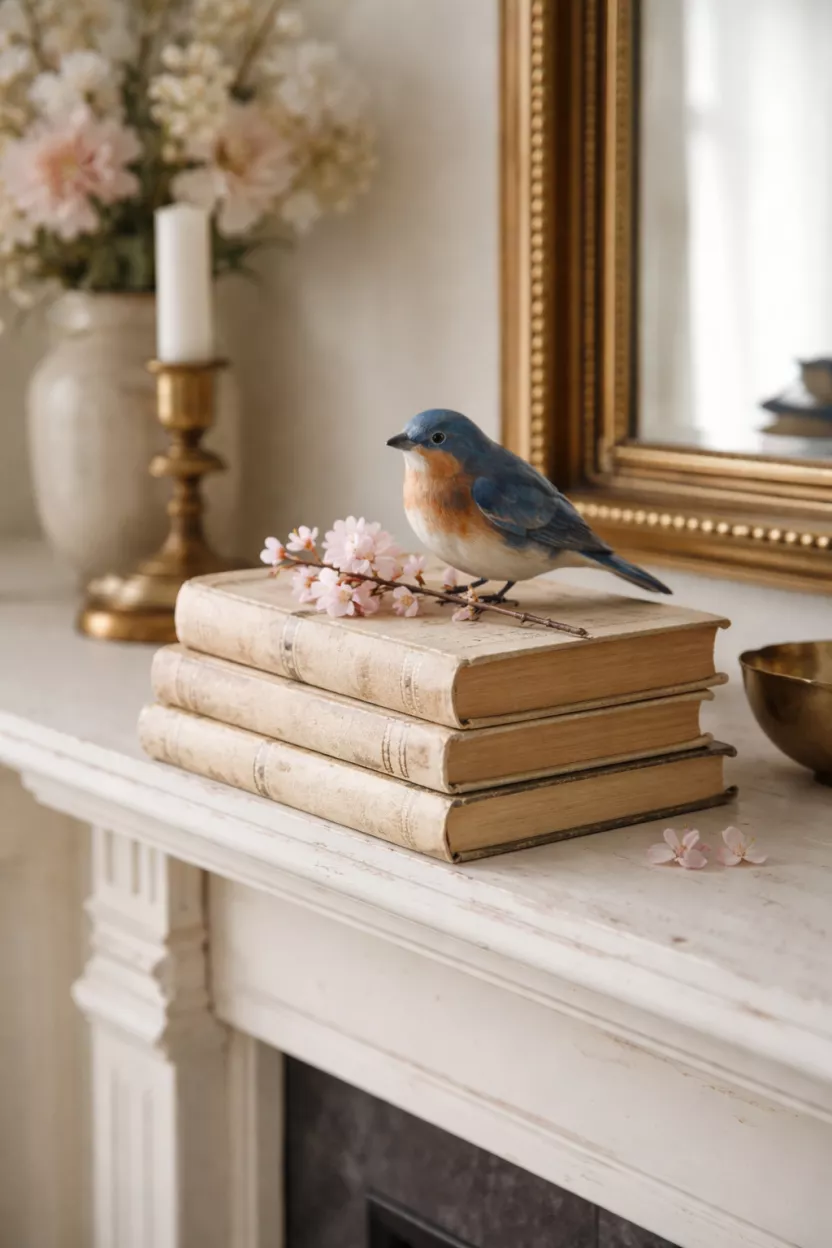 A realistic photo of a fireplace mantel featuring a stack of three vintage books with worn white covers topped with a small realistic blue bird figurine and a single sprig of cherry blossom.