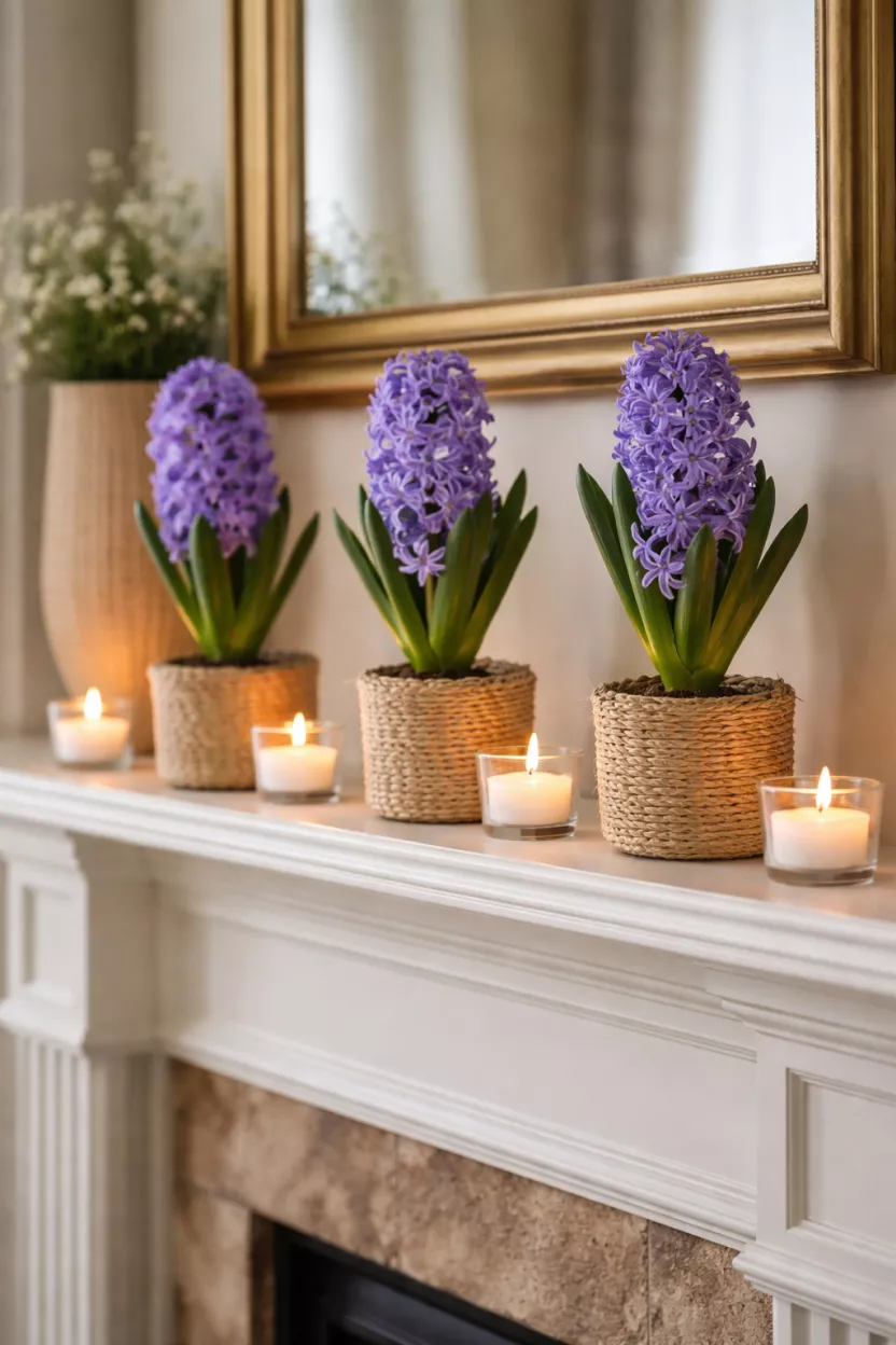 A realistic photo of a fireplace mantel holding three potted purple hyacinths in small woven seagrass wraps interspersed with white tea light candles in glass holders.