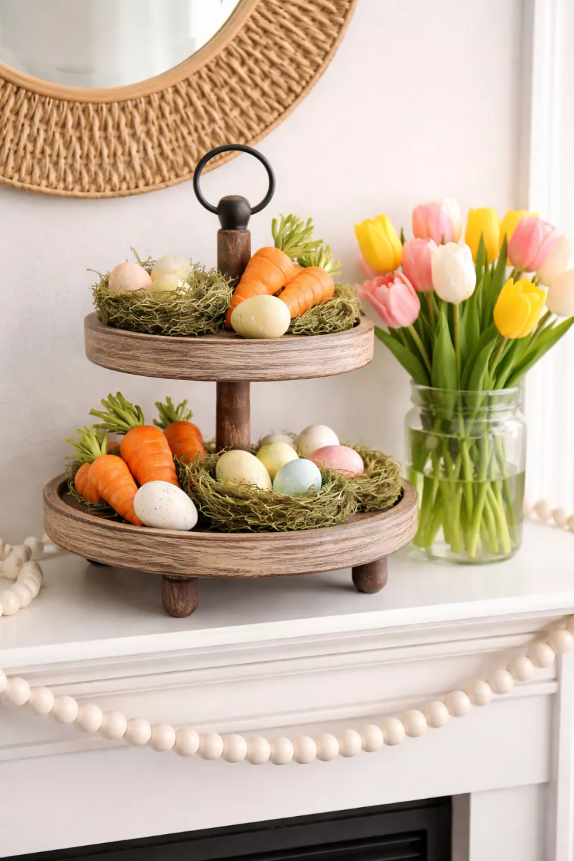 A realistic photo of a fireplace mantel featuring a two-tiered wooden tray filled with small mossy nests, ceramic carrots, and pastel polka dot eggs sitting next to a glass of fresh tulips.