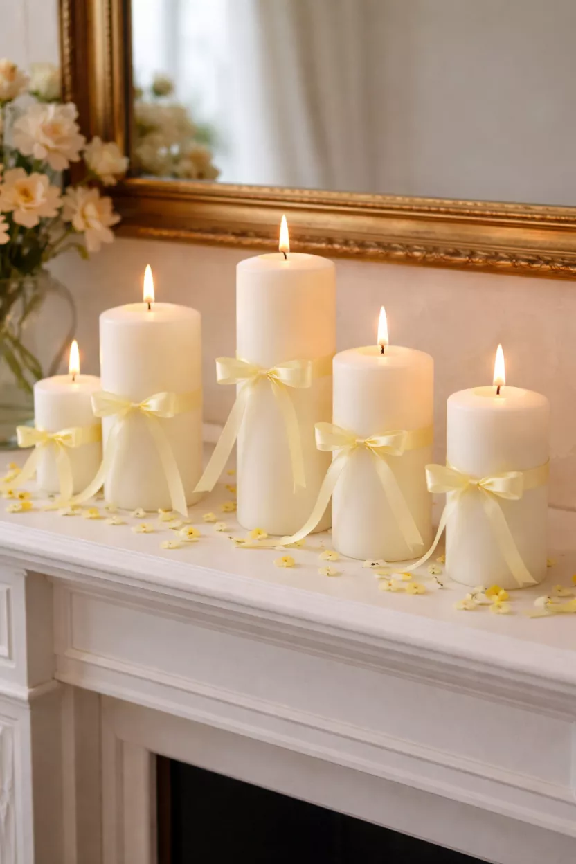 A realistic photo of a fireplace mantel showcasing five white pillar candles of varying heights tied with thin pastel yellow silk ribbons and a scattering of small yellow flower petals.