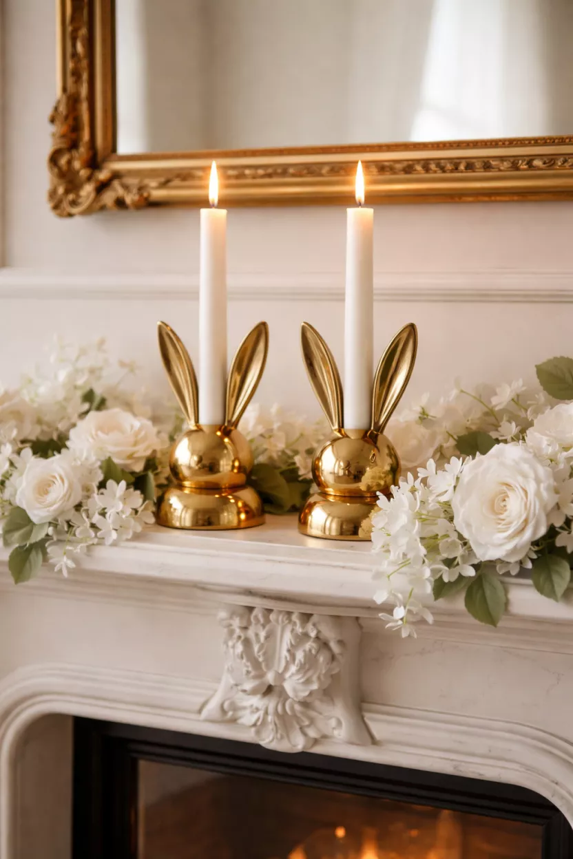 A realistic photo of a fireplace mantel displaying two polished gold bunny ear candle holders with tall white taper candles and a garland of white paper flowers around them.