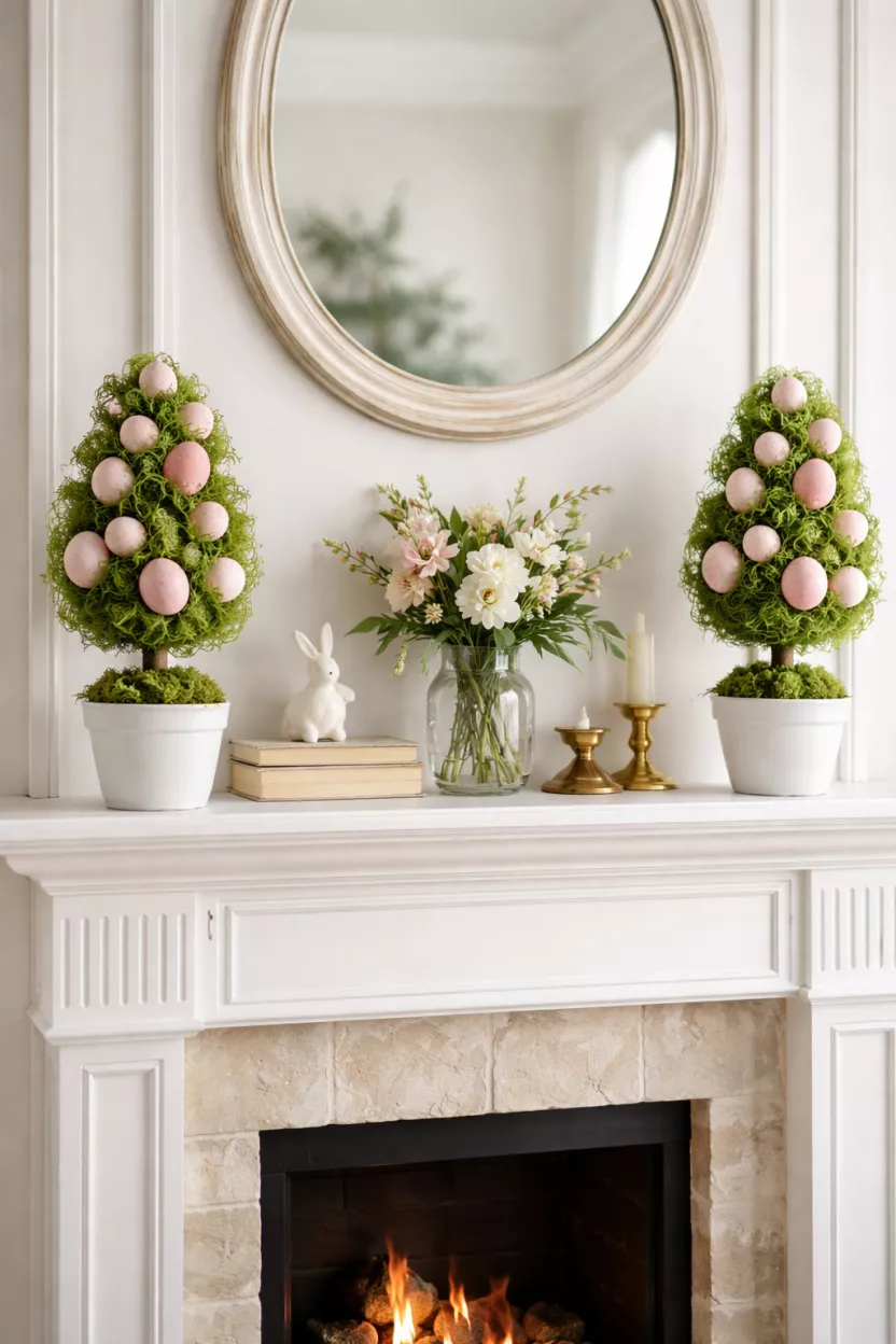A realistic photo of a fireplace mantel featuring two small easter egg topiaries made of green moss and pink eggs in white ceramic pots on either end of the shelf.