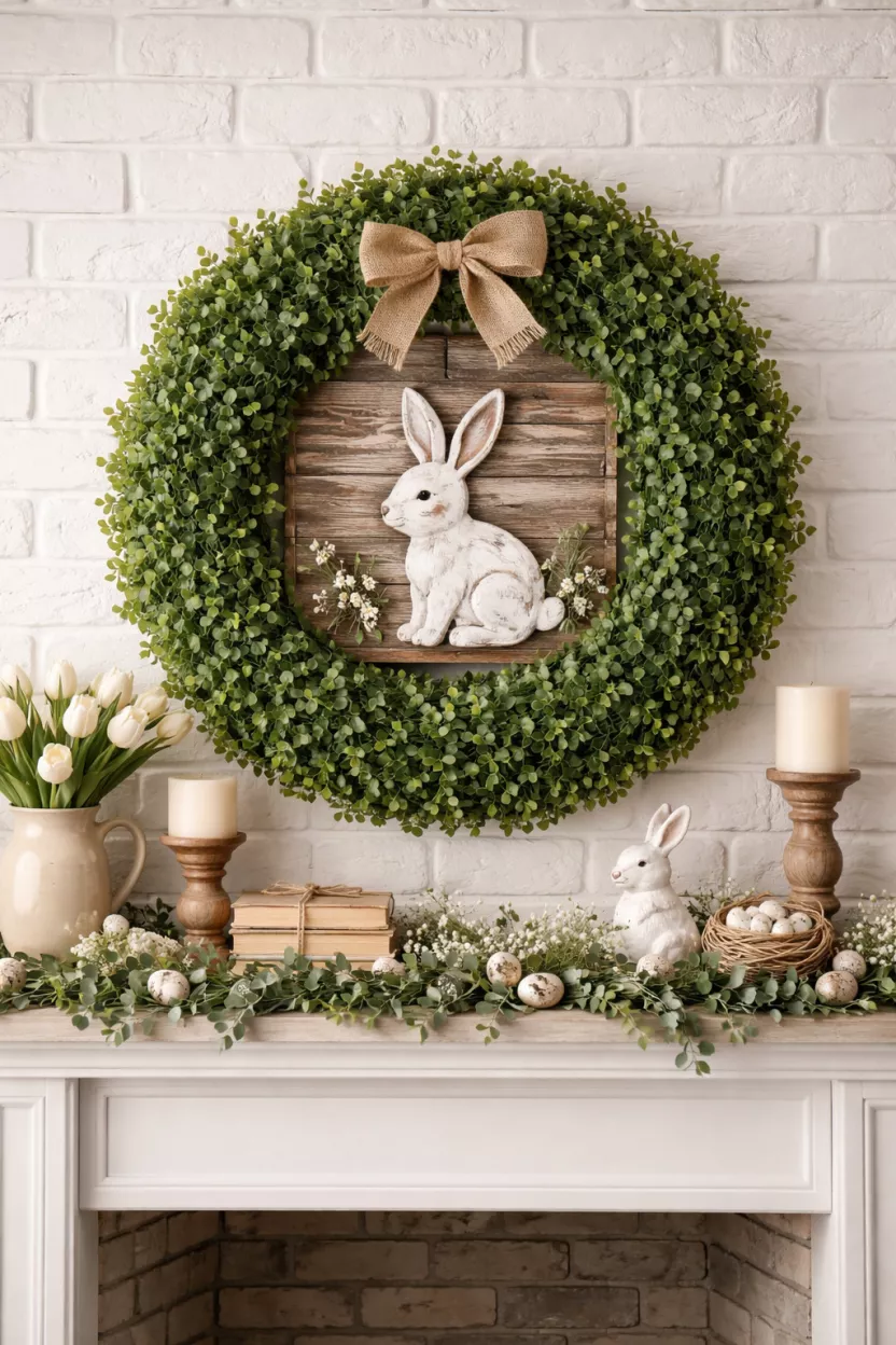 A realistic photo of a fireplace mantel featuring a large round green boxwood wreath hanging against a white brick wall with a small burlap bow and a rustic wooden bunny sign nestled in the center.
