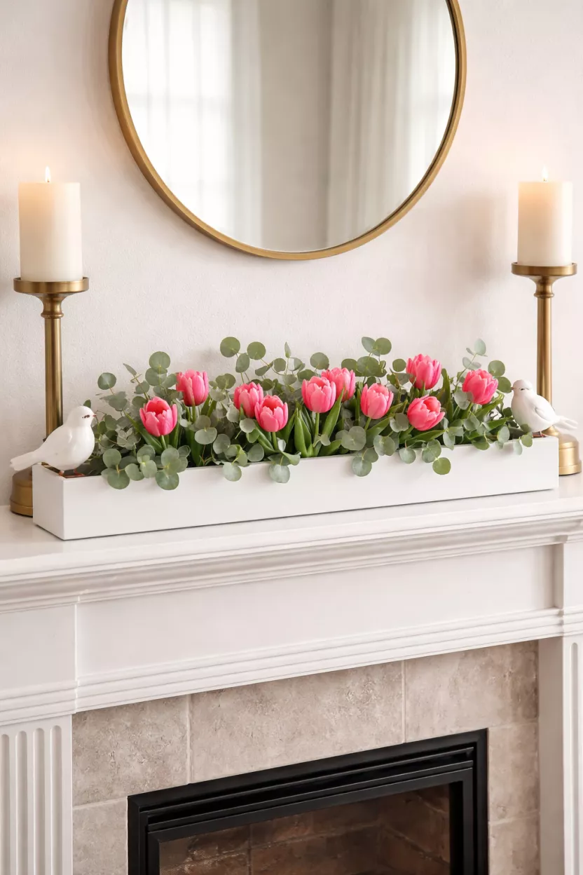 A realistic photo of a fireplace mantel featuring a long low white trough filled with green eucalyptus leaves and bright pink tulips with small white ceramic birds perched on the corners.