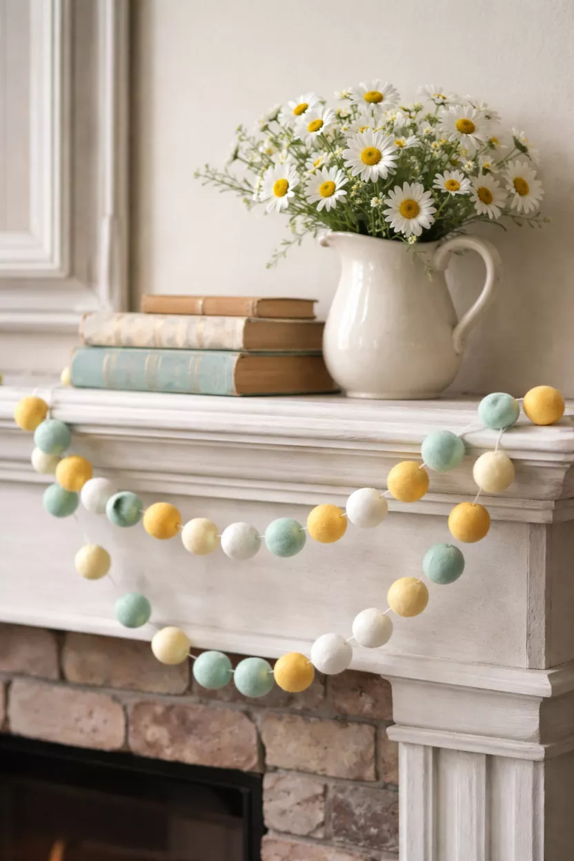 A realistic photo of a fireplace mantel decorated with a whimsical felt ball garland in shades of yellow and mint green draped loosely across the front edge with a stack of old books and a ceramic pitcher of daisies behind it.