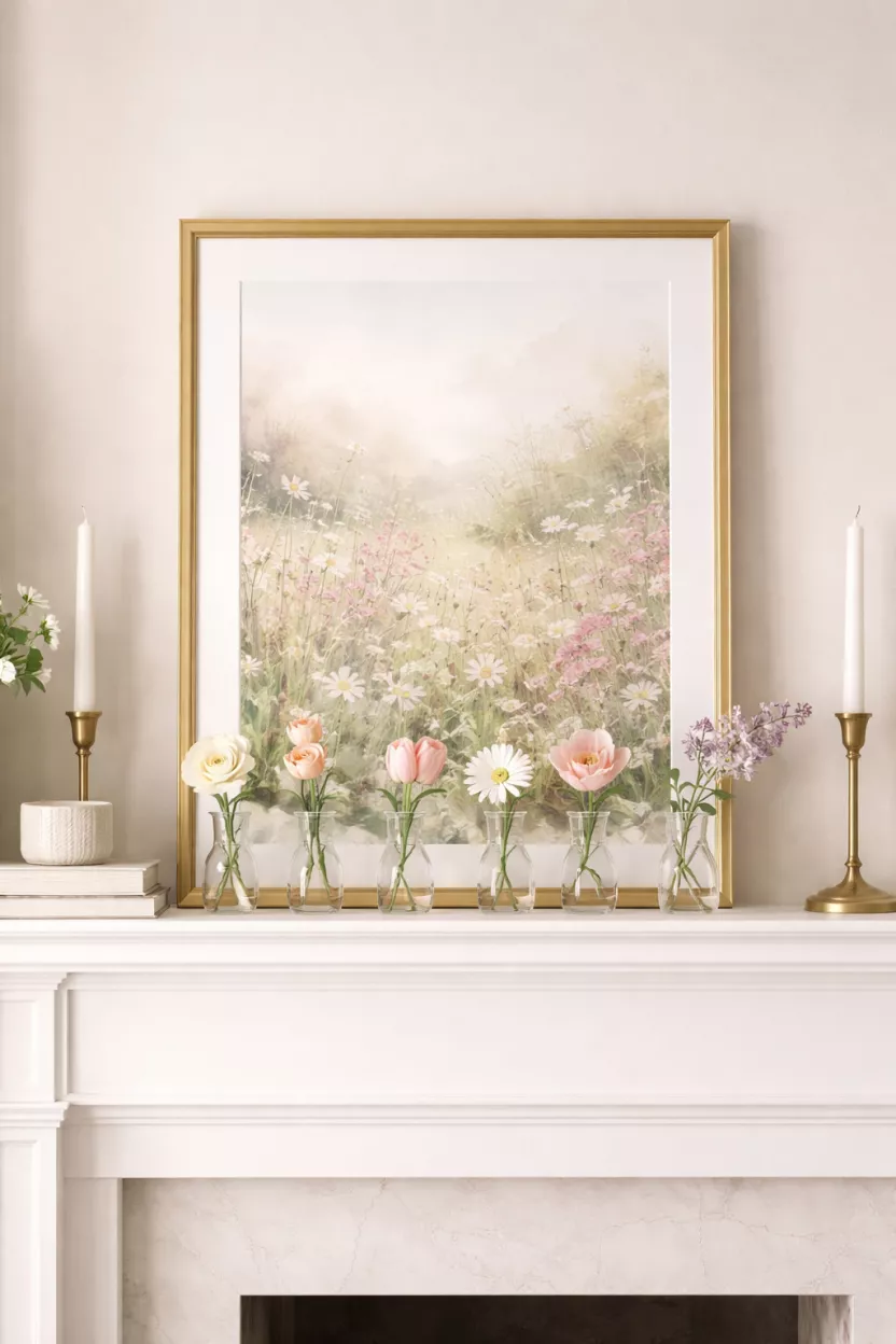 A realistic photo of a fireplace mantel featuring a framed watercolor print of a soft spring meadow in a gold frame leaning against the wall behind a row of small glass bud vases with single flowers.