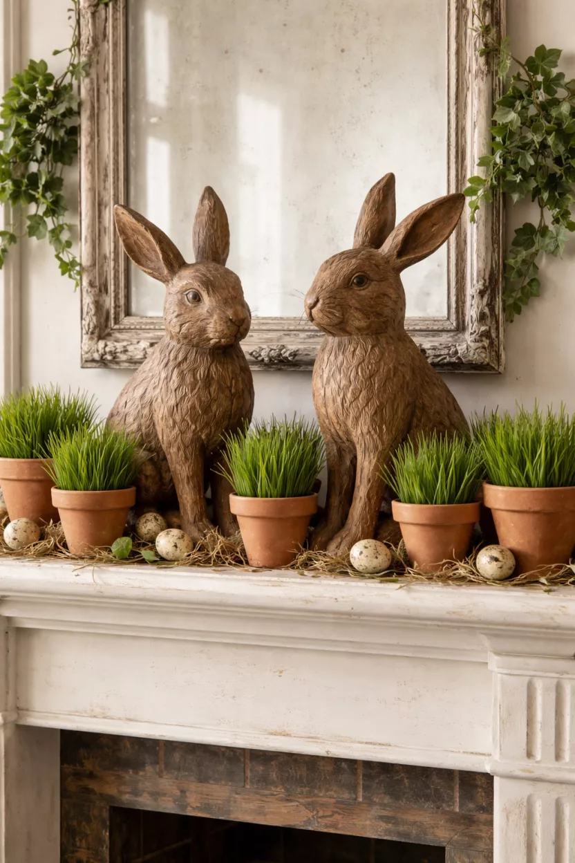 A realistic photo of a fireplace mantel showcasing two large weathered brown carved wooden bunnies with a distressed finish standing among a row of terracotta pots filled with fresh green grass.