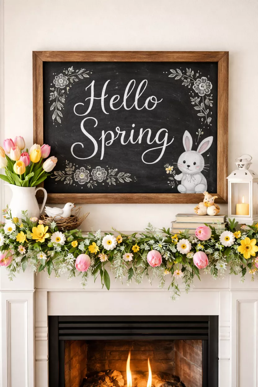 A realistic photo of a fireplace mantel with a medium wooden framed chalkboard displaying the handwritten words 'Hello Spring' in white chalk with a small drawing of a bunny in the corner.