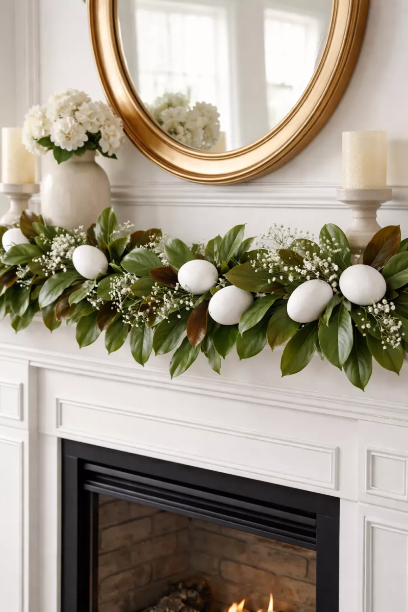 A realistic photo of a fireplace mantel decorated with a thick garland of glossy green magnolia leaves intertwined with large white wooden eggs and a few sprigs of white baby's breath.