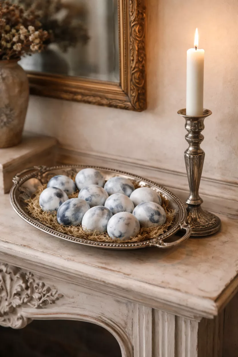 A realistic photo of a fireplace mantel displaying a tarnished vintage silver tray holding a dozen white and blue marble patterned eggs next to a tall silver candlestick with a white candle.