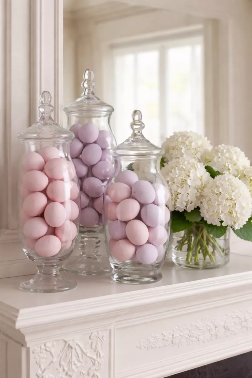 A realistic photo of a fireplace mantel holding three tall clear glass apothecary jars of different shapes filled with matte pastel pink and lavender easter eggs sitting next to a bunch of fresh white hydrangeas.