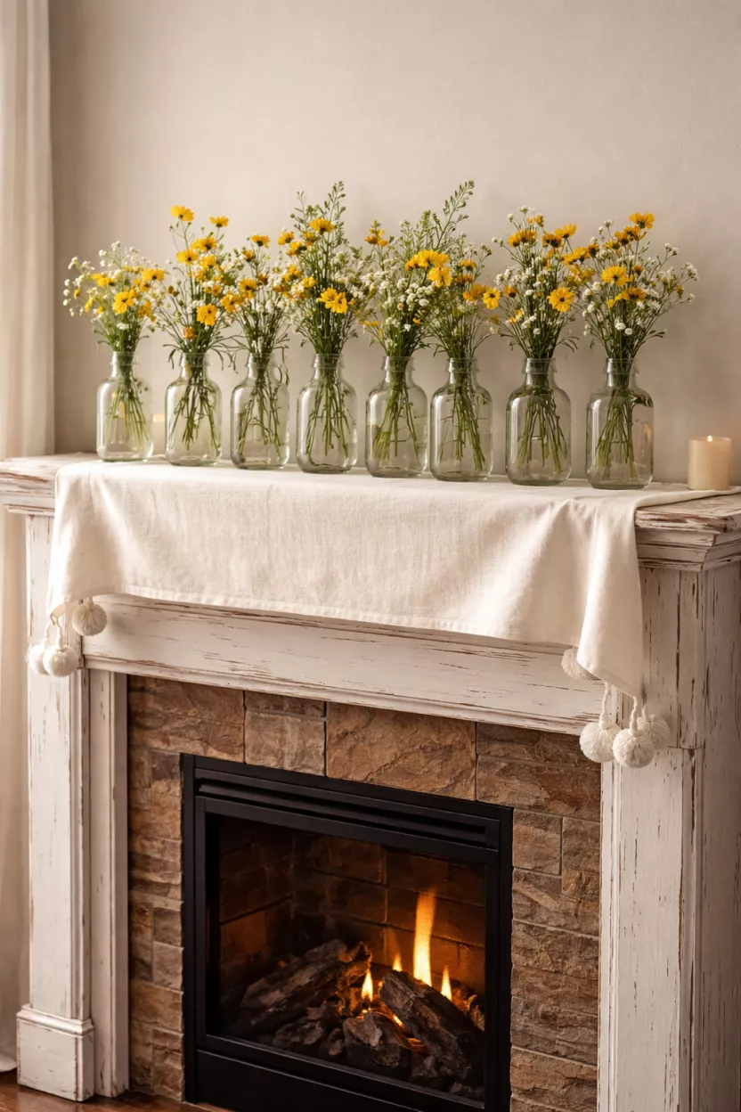 A realistic photo of a fireplace mantel draped with a cream linen runner featuring white pom poms on the ends and a row of glass bottles with yellow wildflowers on top.