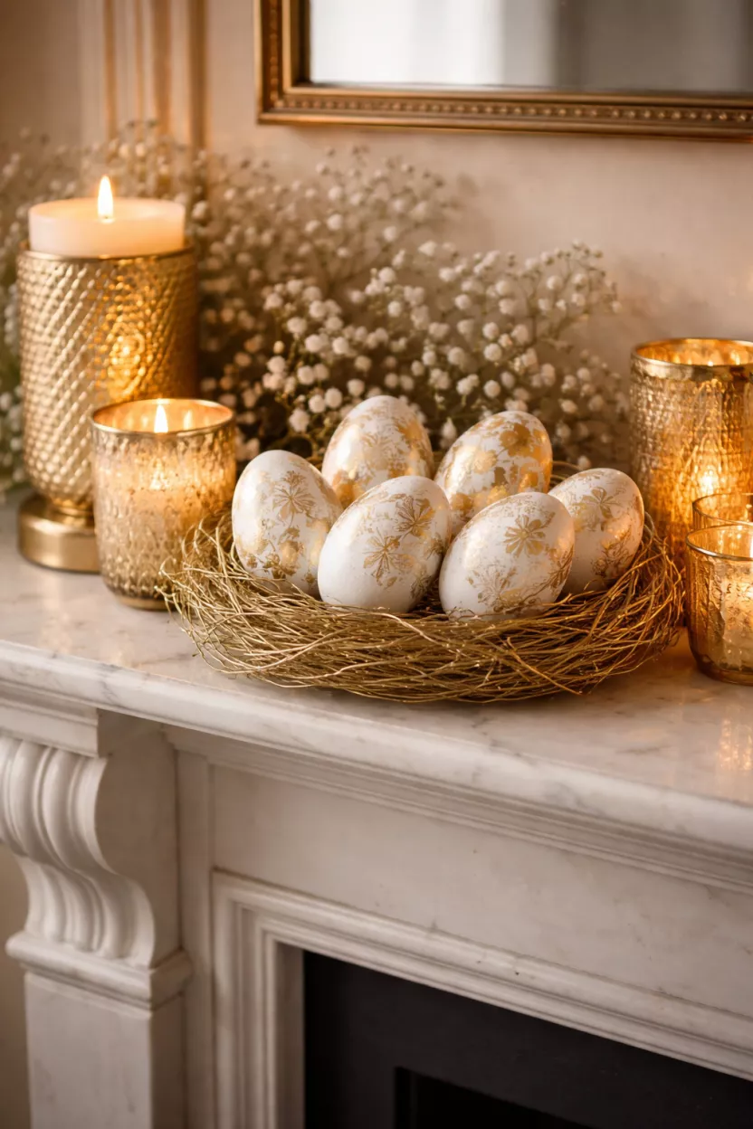 A realistic photo of a fireplace mantel displaying a collection of white eggs with gold leaf patterns resting in a small golden wire nest alongside gold mercury glass candle holders.